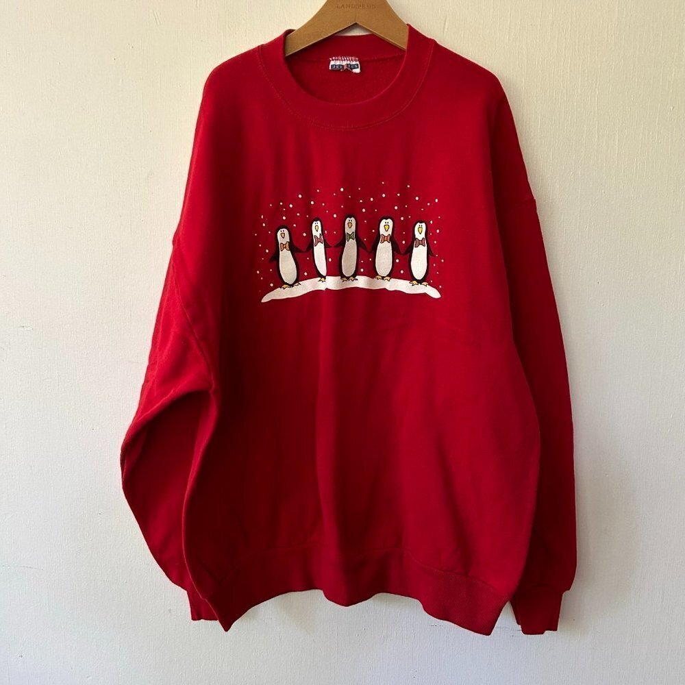 VINTAGE Jerzees Christmas Sweatshirt Womens XL Red Winter Penguins Pullover